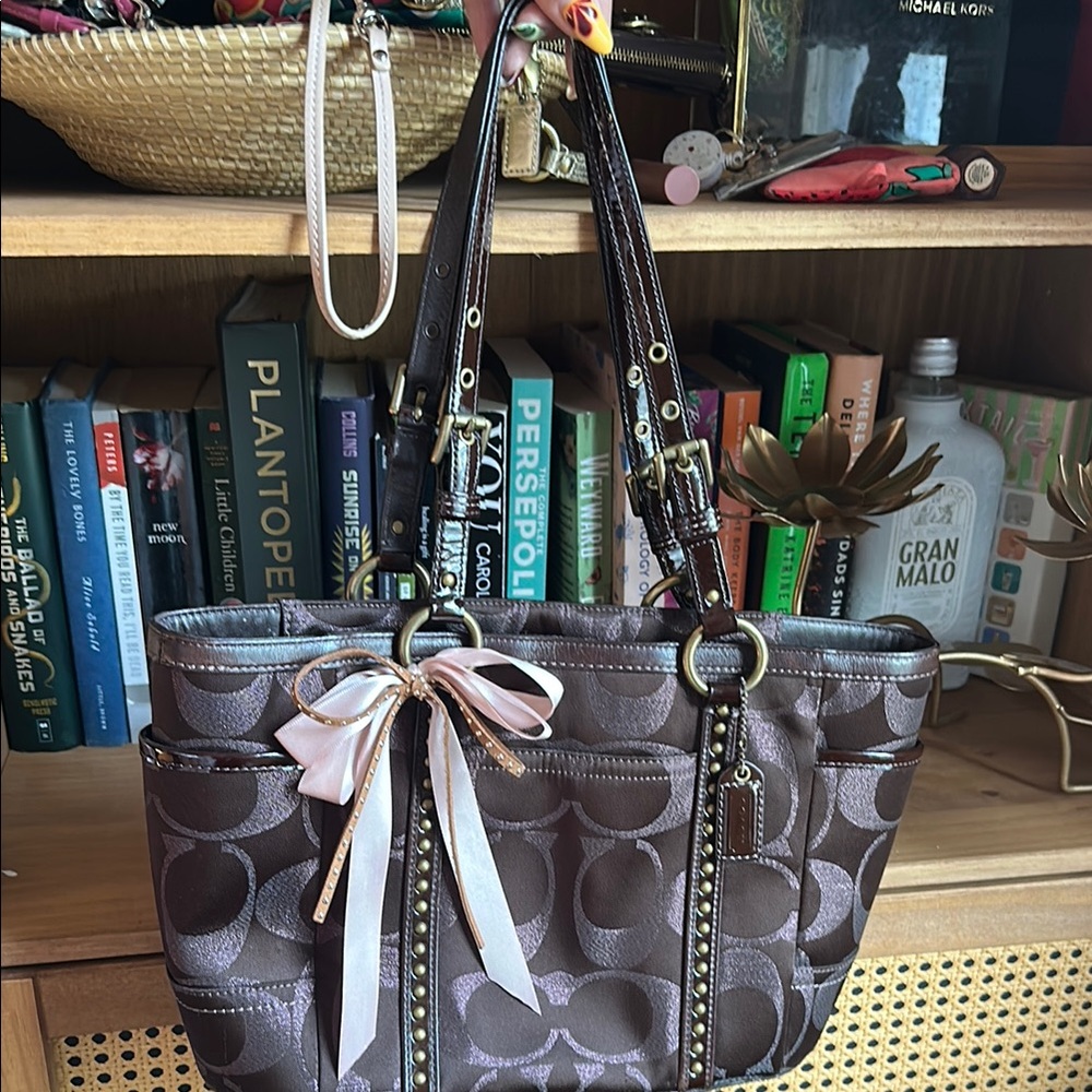 Coach Signature Chocolate Brown Tote with Ribbon Accent